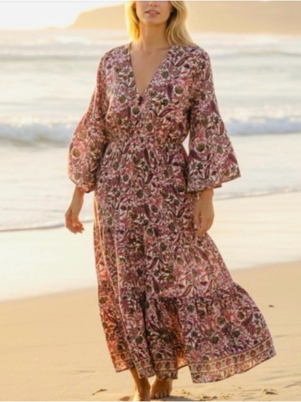 Boemo Anthropologie NWOT Floral Pink Paisley Empire Waist Boho Maxi Dress Smal